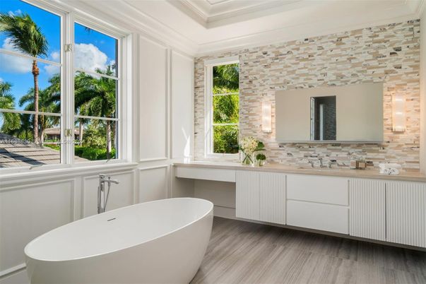 Bathroom, Free Standing Baths, Interior, Stone Walls, Wood Texture Flooring