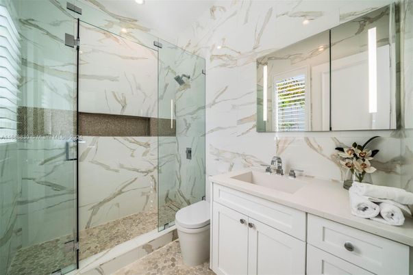 Bathroom, Glass Shower, Interior, Marble Walls, Recessed Lighting