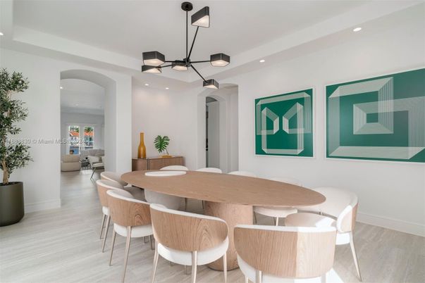Dining room, Interior, Pendant Lights, Recessed Lighting, Wood Texture Flooring