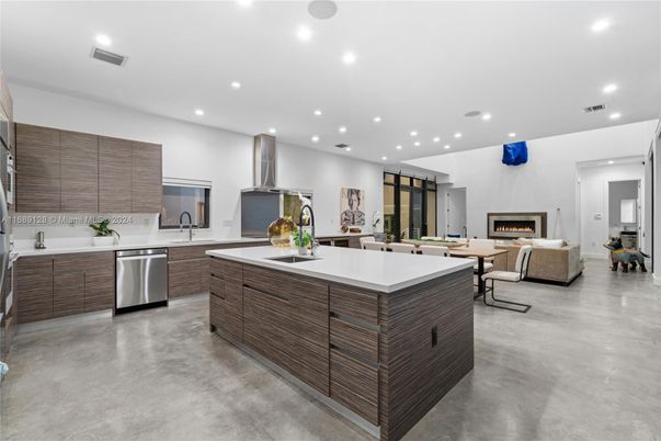 Fireplace, Interior, Kitchen, Living room, Recessed Lighting, Stainless Steel Appliances