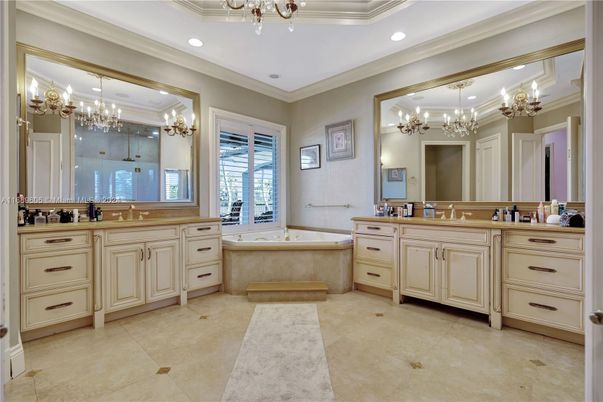 Bathroom, Chandelier, Dual Sink Vanities, Interior, Recessed Lighting
