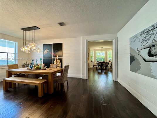 Dining room, Interior, Pendant Lights, Wood Texture Flooring