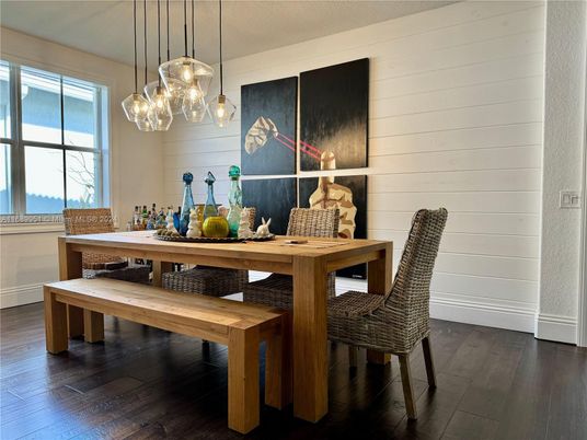 Dining room, Interior, Pendant Lights, Wood Texture Flooring