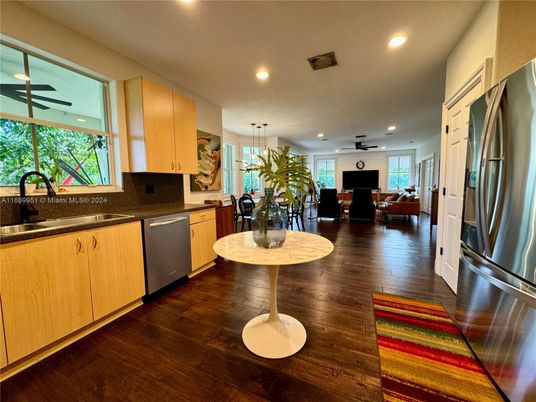 Dining room, Interior, Kitchen, Living room, Pendant Lights, Recessed Lighting, Stainless Steel Appliances, Wood Texture Flooring