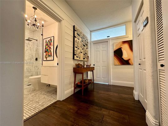 Bathroom, Chandelier, Interior, Marble Walls, Wood Texture Flooring