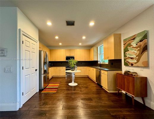 Interior, Kitchen, Recessed Lighting, Stainless Steel Appliances, Wood Texture Flooring