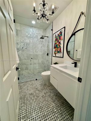 Bathroom, Chandelier, Glass Shower, Interior, Marble Walls, Recessed Lighting