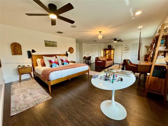 Bedroom, Interior, Recessed Lighting, Wood Texture Flooring