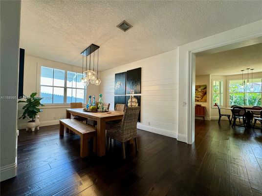 Dining room, Interior, Pendant Lights, Wood Texture Flooring