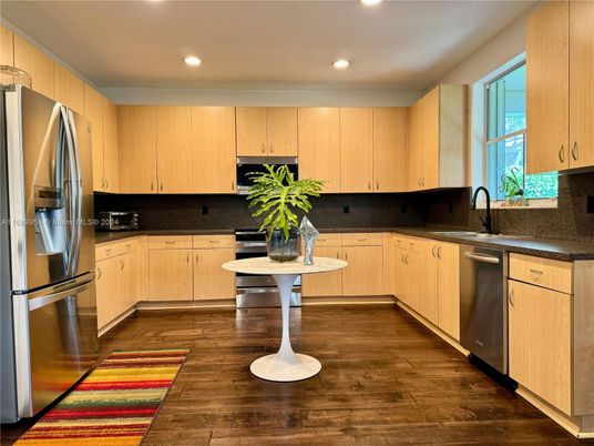 Interior, Kitchen, Recessed Lighting, Stainless Steel Appliances, Wood Texture Flooring