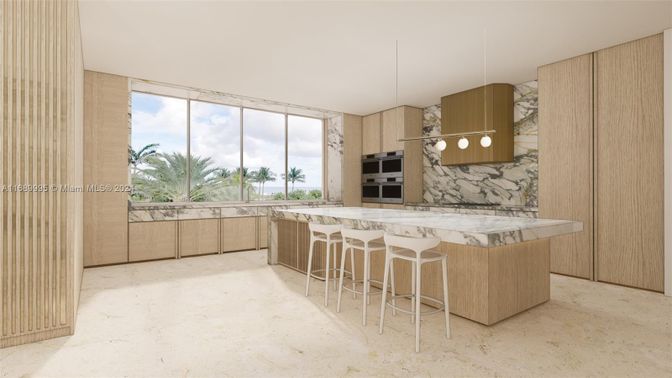 Interior, Kitchen, Marble Walls, Pendant Lights