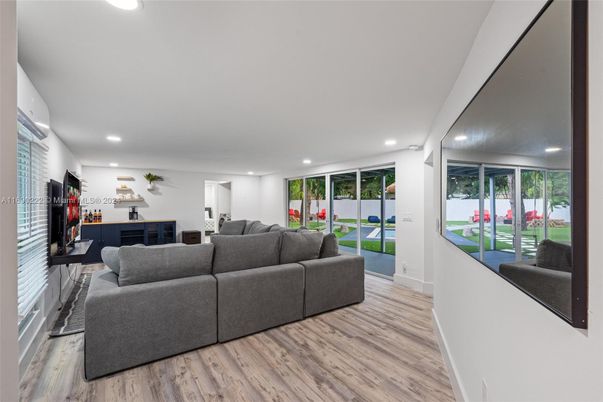 Fireplace, Interior, Living room, Recessed Lighting, Wood Texture Flooring