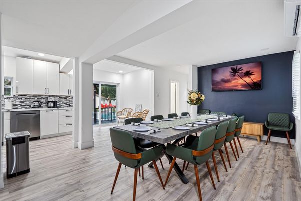 Dining room, Interior, Kitchen, Recessed Lighting, Stainless Steel Appliances, Wood Texture Flooring