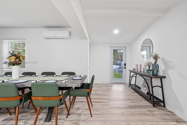 Dining room, Interior, Recessed Lighting, Wood Texture Flooring
