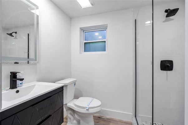 Bathroom, Glass Shower, Interior, Wood Texture Flooring