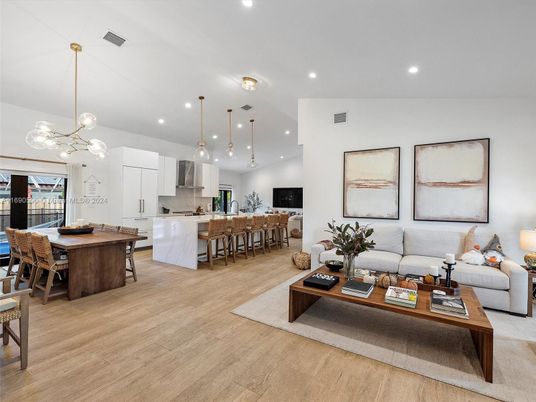 Dining room, Interior, Kitchen, Living room, Pendant Lights, Recessed Lighting, Stainless Steel Appliances, Wood Texture Flooring