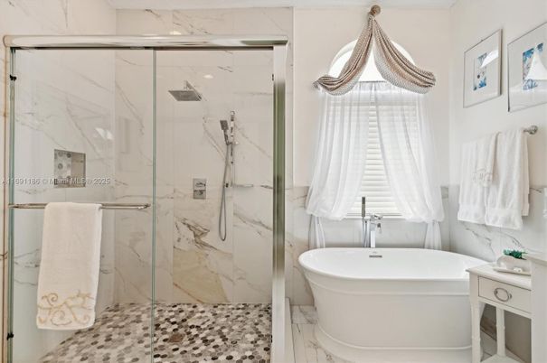 Bathroom, Free Standing Baths, Glass Shower, Interior, Marble, Marble Walls