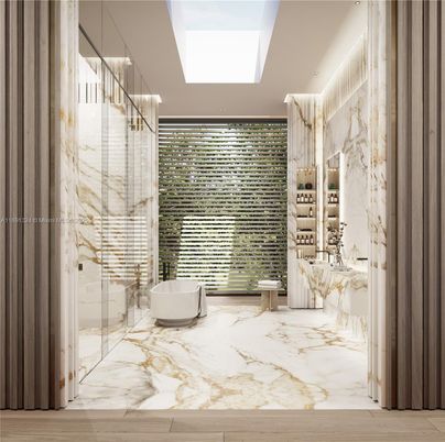 Bathroom, Free Standing Baths, Glass Shower, Interior, Marble, Marble Walls, Recessed Lighting
