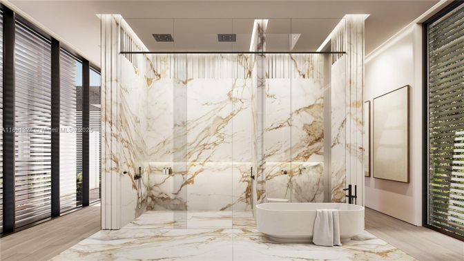 Bathroom, Free Standing Baths, Interior, Marble, Marble Walls, Wood Texture Flooring