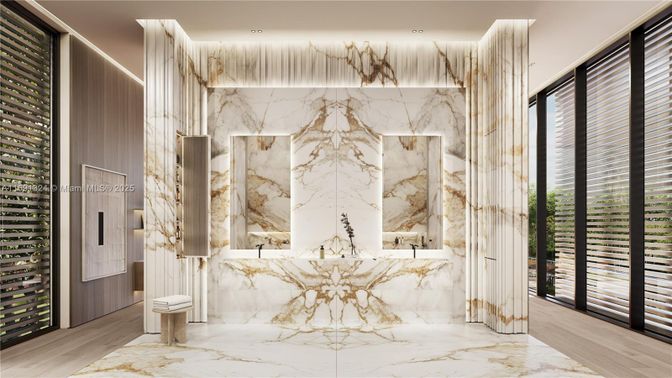 Bathroom, Interior, Marble, Marble Walls, Recessed Lighting, Wood Texture Flooring