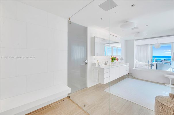 Bathroom, Glass Shower, Interior, Pendant Lights, Recessed Lighting, Water, Wood Texture Flooring
