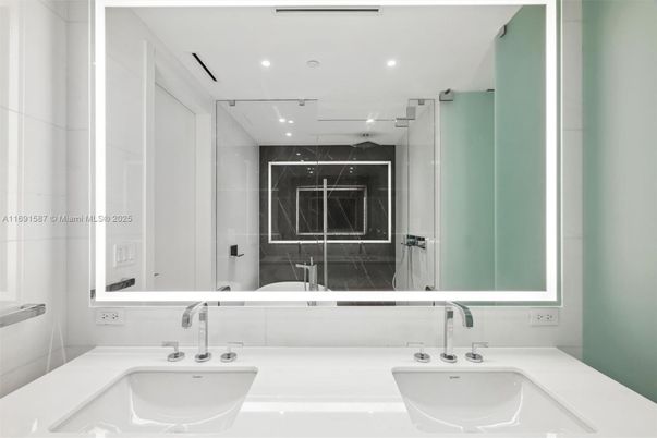 Bathroom, Dual Sink Vanities, Interior, Marble Walls, Recessed Lighting