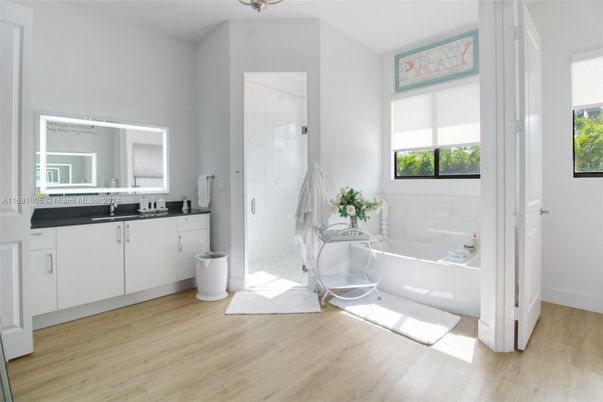 Bathroom, Interior, Marble Walls, Wood Texture Flooring