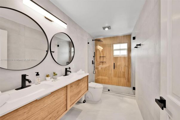 Bathroom, Dual Sink Vanities, Glass Shower, Interior, Wooden Walls