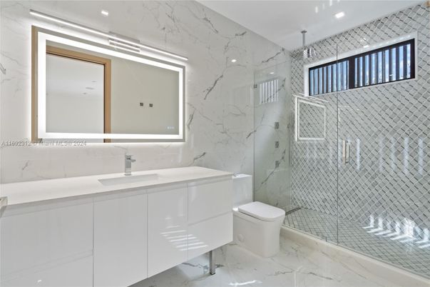 Bathroom, Glass Shower, Interior, Marble, Marble Walls, Recessed Lighting