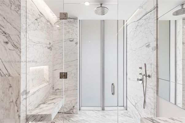 Bathroom, Glass Shower, Interior, Marble, Marble Walls, Recessed Lighting