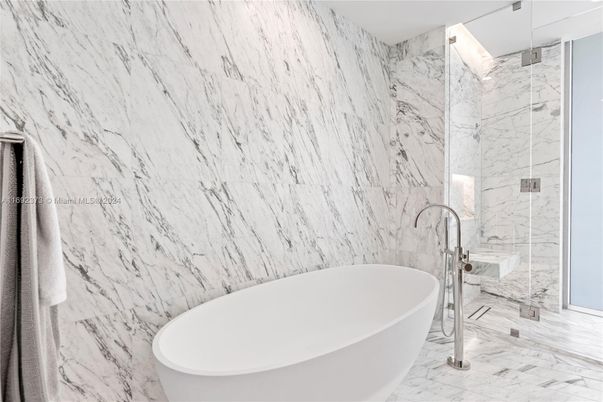 Bathroom, Free Standing Baths, Glass Shower, Interior, Marble, Marble Walls