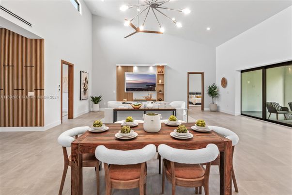 Dining room, Interior, Pendant Lights, Recessed Lighting, Wood Texture Flooring