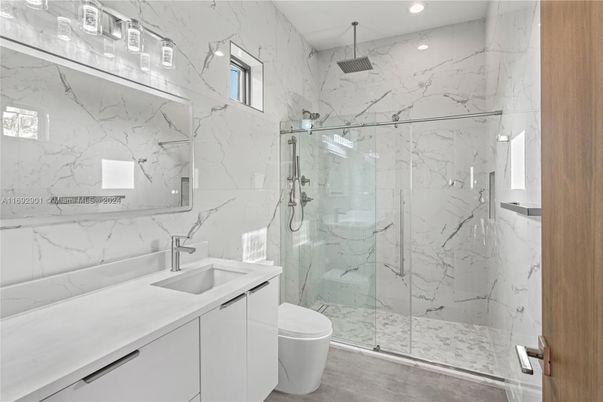 Bathroom, Glass Shower, Interior, Marble Walls, Recessed Lighting