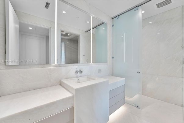 Bathroom, Glass Shower, Interior, Marble, Marble Walls, Recessed Lighting