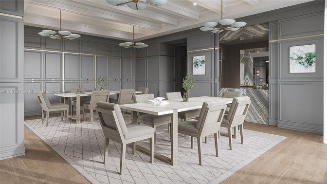 Dining room, Interior, Pendant Lights, Wood Texture Flooring