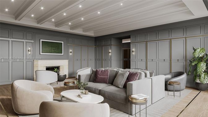 Fireplace, Interior, Living room, Recessed Lighting, Wood Texture Flooring