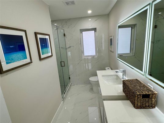 Bathroom, Glass Shower, Interior, Marble, Marble Walls, Recessed Lighting