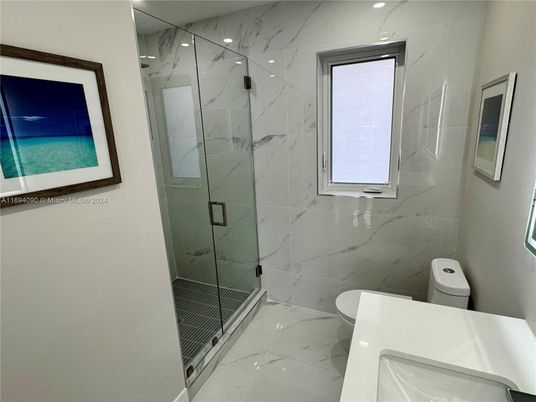 Bathroom, Glass Shower, Interior, Marble, Marble Walls, Recessed Lighting