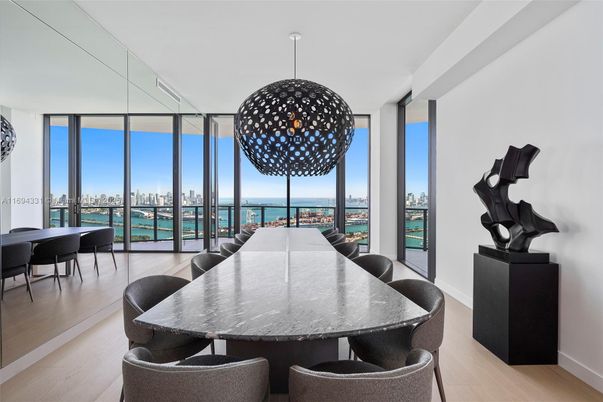 Dining room, Interior, Pendant Lights, Water, Wood Texture Flooring