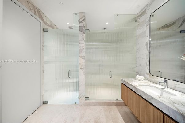 Bathroom, Glass Shower, Interior, Marble Walls, Recessed Lighting