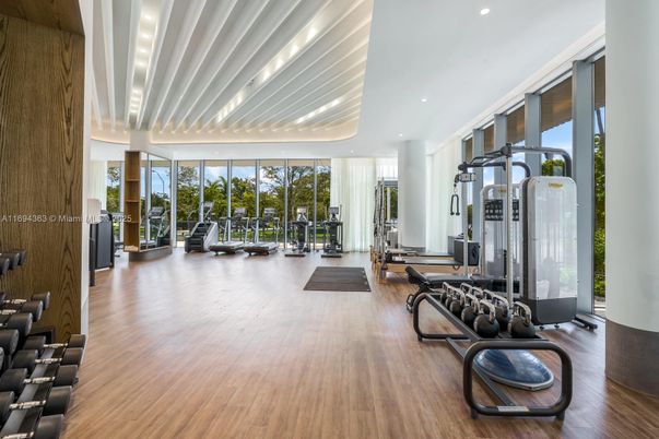Fitness Equipment, Gym, Interior, Recessed Lighting, Wood Texture Flooring