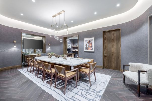 Dining room, Interior, Pendant Lights, Recessed Lighting, Wood Texture Flooring
