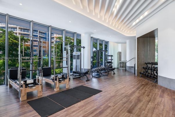 Fitness Equipment, Gym, Interior, Recessed Lighting, Wood Texture Flooring