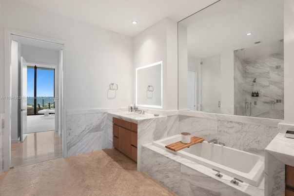 Bathroom, Glass Shower, Interior, Marble, Marble Walls, Recessed Lighting