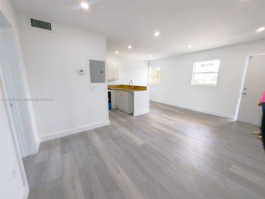 Empty room, Interior, Kitchen, Recessed Lighting, Wood Texture Flooring