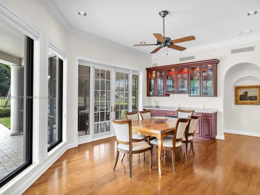 Dining room, Interior, Recessed Lighting, Wood Texture Flooring
