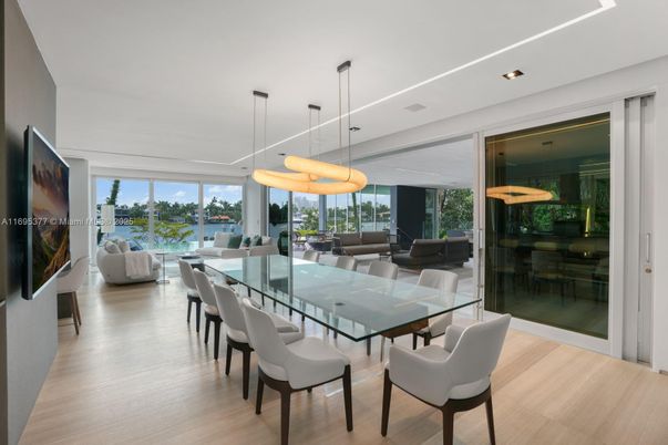 Dining room, Interior, Living room, Pendant Lights, Recessed Lighting, Water, Wood Texture Flooring