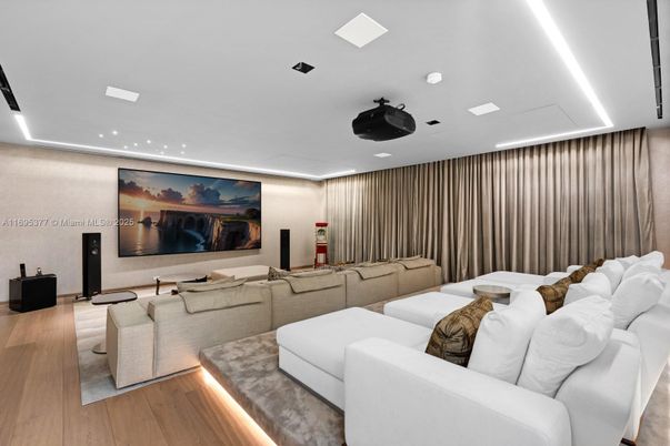 Interior, Living room, Projection Screen, Recessed Lighting, Theatre Room, Wood Texture Flooring