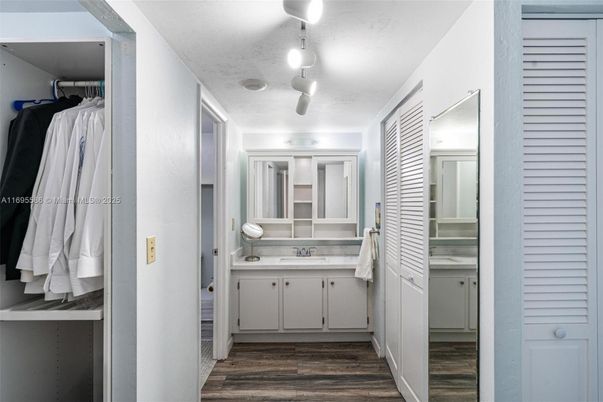 Bathroom, Dual Sink Vanities, Interior, Walk-in Closets, Wood Texture Flooring