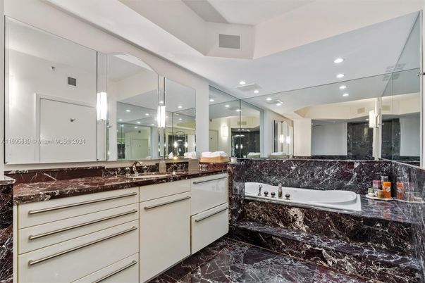 Bathroom, Dual Sink Vanities, Interior, Marble, Recessed Lighting